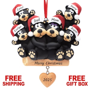 Black Bear Family of 6 Christmas Ornament, Personalized Xmas Tree Decoration 2025 for Family of Six People, Custom Name Year Keepsake Gift