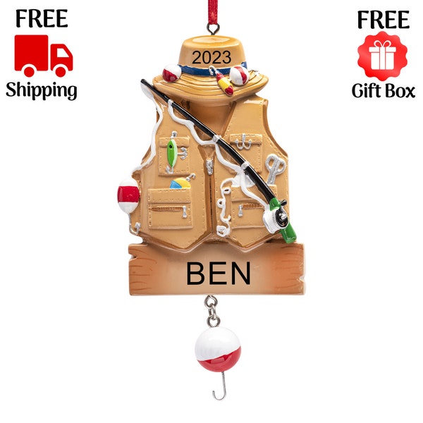 Personalized Fishing Christmas Ornament, Fisherman Jacket Ornament 2023, Fishing Vest with Fish Line Rod & Trapper, Custom Xmas Gift