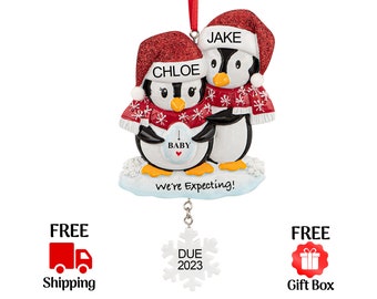 Expecting Penguins Ornament, Personalized Pregnant Christmas Ornament 2023, Baby Coming Soon, Bump's First Christmas, Pregnancy Gift