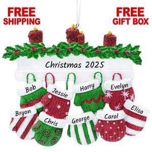 Mitten Family of 9 Christmas Ornament, Personalized Xmas Tree Decoration 2025, Family of Nine People Keepsake Gift, Custom Name Year