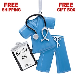 Personalized Doctor Ornament 2025, Nurse Christmas Ornament, Blue Scrubs with Stethoscope, Custom Xmas Gift for Doctor Nurse Health Worker