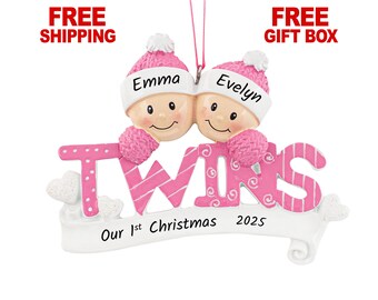 Personalized Twins Christmas Ornament, Pink Baby Twin Girls Ornament 2025 for Xmas Tree, Custom Newborn Twin Sisters First Christmas Gift