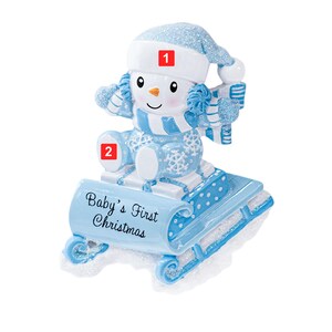 Personalized Snowman On A Sled Baby Boy Ornament 2025 Blue, Custom New Baby Newborn Grandbaby 1st Year Keepsake Gift image 2