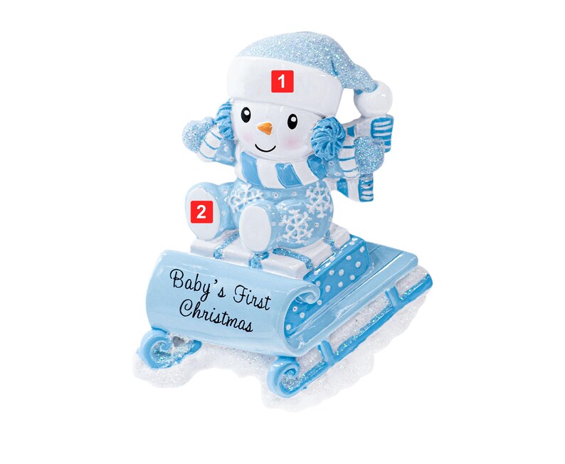 Personalized Snowman On A Sled Baby Boy Ornament 2025 Blue, Custom New Baby Newborn Grandbaby 1st Year Keepsake Gift image 2
