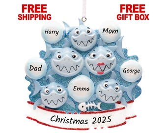 Shark Family of 5 Christmas Ornament, Personalized Xmas Tree Decoration 2025, Family of Five People Keepsake Gift, Custom Name Year