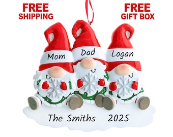 Personalized Gnome Family of 3 Christmas Ornament, First Christmas as Family of Three People Xmas Ornament, Custom Name & Year Gift 2025