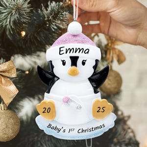Baby's First Christmas Ornament, Personalized Baby Girl Ornament Penguin 2025, Custom New Baby Newborn Daughter Grandbaby 1st Year Xmas Gift image 4