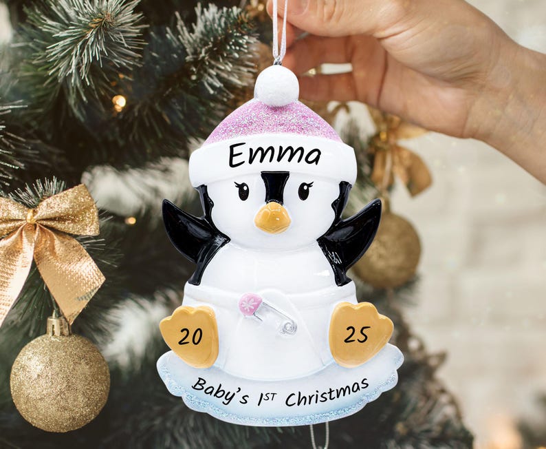 Baby's First Christmas Ornament, Personalized Baby Girl Ornament Penguin 2025, Custom New Baby Newborn Daughter Grandbaby 1st Year Xmas Gift image 4