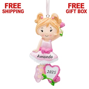 Personalized Ballet Girl Christmas Ornament 2025, Ballerina Girl in Pink Costume Ornament, Custom Xmas Gift for Little Girls & Kids