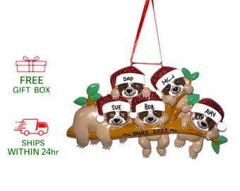 Sloth Family of 5 Christmas Ornament, Personalized Xmas Tree Decoration 2023, Keepsake Sloth Family of Five Keepsake Gift, Custom Name Year