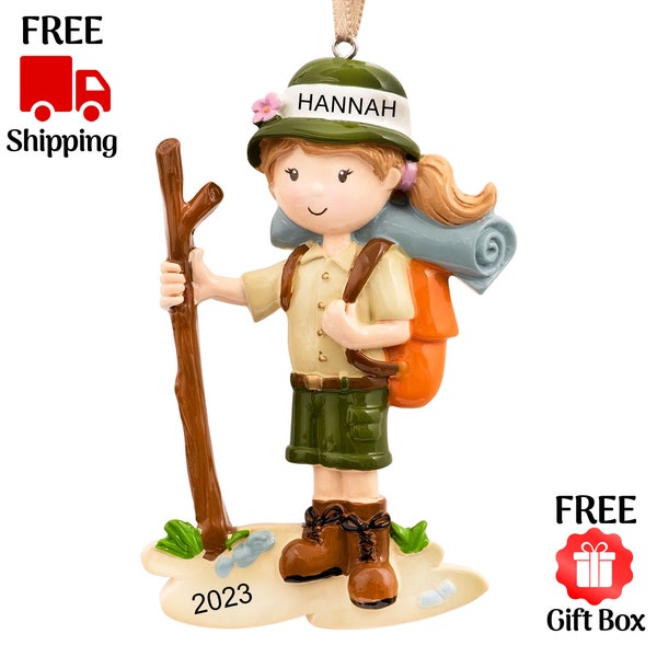 Personalized Hiking Girl Christmas Ornament 2023, Hiker / Scout / Trekking Ornament, Custom Adventure-Trails-State Park-Hike Xmas Gift