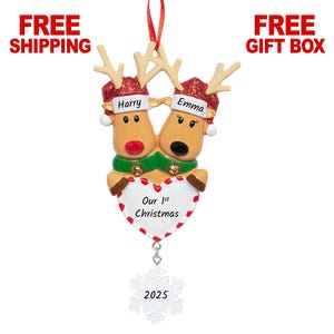 Personalized Deer Couple Ornament 2025, Our First Christmas Together Ornament Reindeers, Custom Family of 2 Keepsake, 1st Xmas Dating Gift