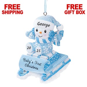 Personalized Snowman On A Sled Baby Boy Ornament 2025 Blue, Custom New Baby Newborn Grandbaby 1st Year Keepsake Gift image 1