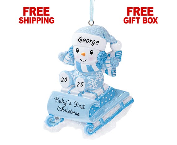 Personalized Snowman On A Sled Baby Boy Ornament 2025 Blue, Custom New Baby Newborn Grandbaby 1st Year Keepsake Gift