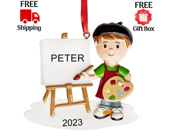Personalized Boy Artist Ornament 2023, Painter Son Christmas Ornament with Painting Pallet and Brush, Kids Christmas Gift