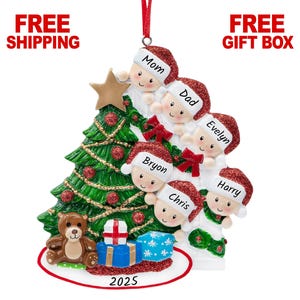 Peeking Family of 6 Christmas Ornament, Personalized Xmas Tree Decoration 2025, Family of Six People Keepsake Gift, Custom Name Year