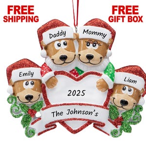 Brown Bear Family of 4 Christmas Ornament, Personalized Xmas Tree Decoration 2025, Family of Four People Keepsake Gift, Custom Name Year