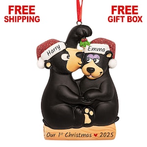 Personalized Black Bear Couple Ornament 2025, &quot;Kissing Under The Mistletoe&quot; Our First Christmas Ornament, Custom 1st Xmas Together Gift