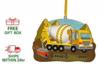 Personalized Cement Truck Christmas Ornament 2023, Yellow Cement Mixer Construction Ornament, Custom Xmas Gift for Kids & Boys