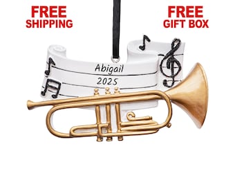 Personalized Trumpet Christmas Ornament 2025, Musical Brass Instrument Decoration for Xmas Tree, Custom Marching Band Trumpet Player Gift