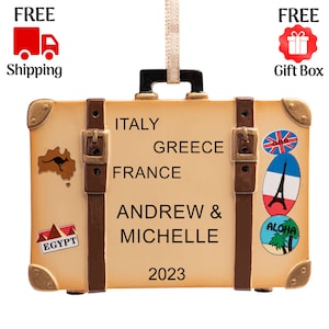 Personalized Travel Christmas Ornament 2023, Custom Traveler Trunk Suitcase Journey Luggage Ornament, Paris London World Trip Keepsake Gift