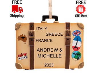Personalized Travel Christmas Ornament 2023, Custom Traveler Trunk Suitcase Journey Luggage Ornament, Paris London World Trip Keepsake Gift