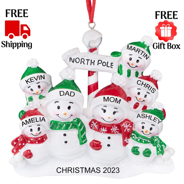 Personalized Snowman Family of 7 Ornament 2023, Customized North Pole Family of Seven People Christmas Ornament, Custom Name Year Xmas Gift