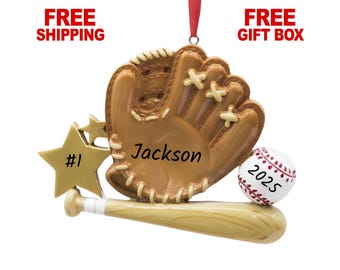 Personalized Baseball Ornament 2025, Bat Ball Mitt Golden Star Christmas Tree Ornament, Custom Xmas Gift for Baseball Player Boy Girl