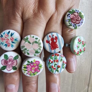 Ceramic tile rings acrylic hand painted art set on stainless steel adjustable band