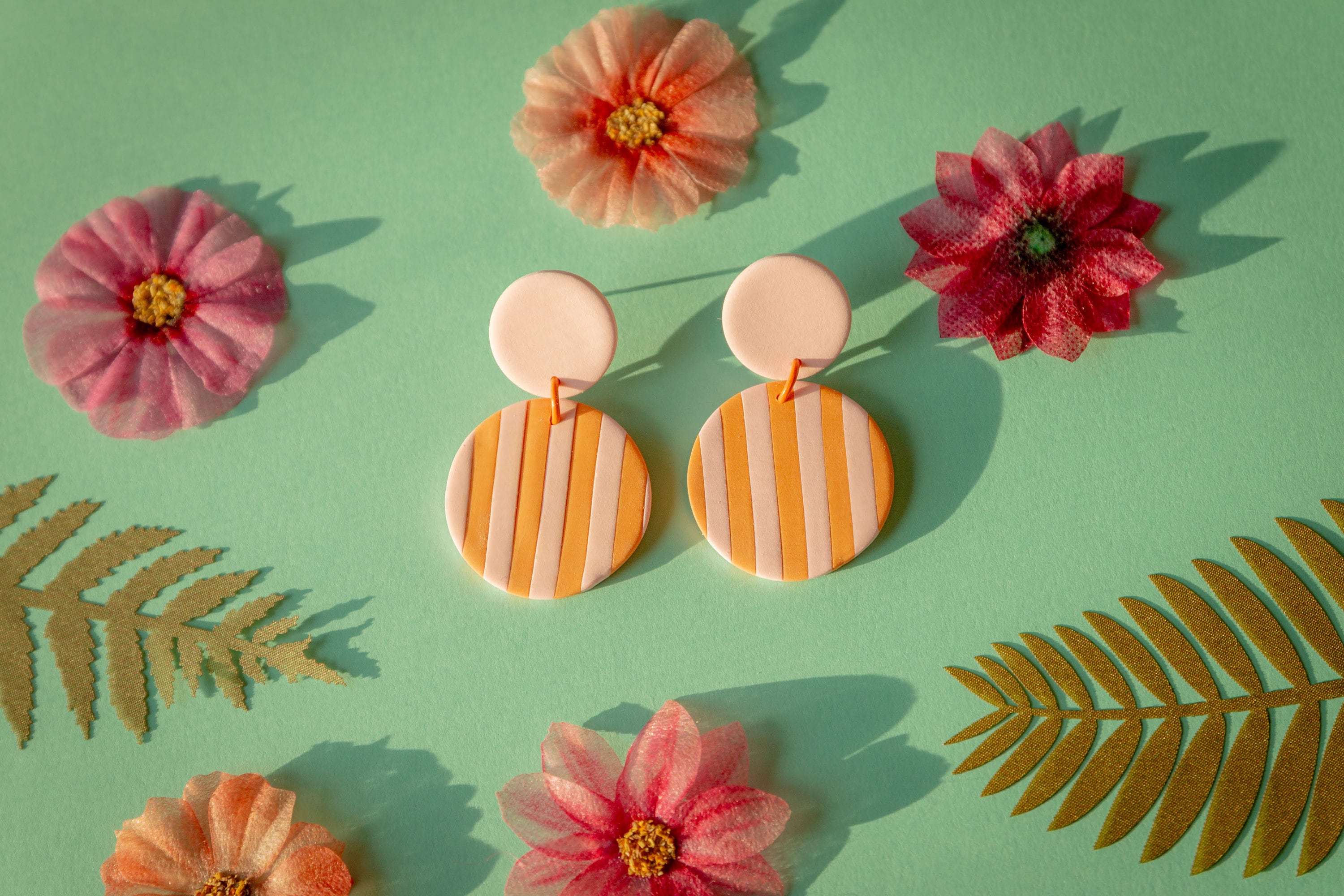 Pink & Orange Striped Dangle Earrings | Garden Party | Handmade Polymer Clay Earrings | Unique Statement Jewelry | Lightweight Earrings