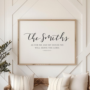 May include: A wooden framed sign with the text "The Smiths" and a Bible verse hangs above a wooden bench with pillows. A potted plant and a round rug complete the farmhouse-style decor. The sign's text reads: "AS FOR ME AND MY HOUSE WE WILL SERVE THE LORD."