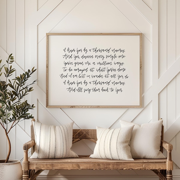 Stampa del testo della canzone 1000 Names, Phil Wickham Christian Wall Art (download digitale)