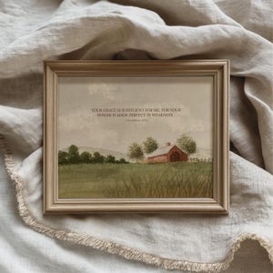 Stampa artistica cristiana da parete, 2 Corinzi 12:9, stampa di un versetto biblico d'epoca, paesaggio di fattoria, dipinto cristiano, arte per il soggiorno