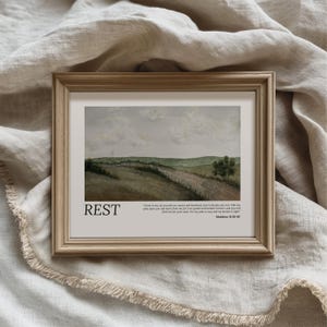 Vintage stijl christelijke muurkunst rust bijbelvers print christelijke print Mattheus 11:28-30 schriftposter natuur landschap woonkamer kunst