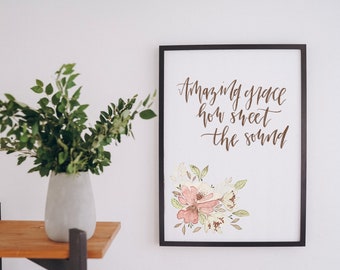 Amazing Grace Watercolor Florals Hymn Worship Song Lyrics Wall Hanging Print | Deborah | Digital Download | Various Size JPEG Files