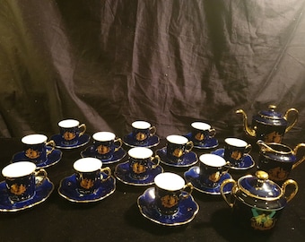 LIMOGES France Cobalt Blue Gold Veritable Porcelaine D'Art TeaPot Cup & Saucer Demitasse Tea Set