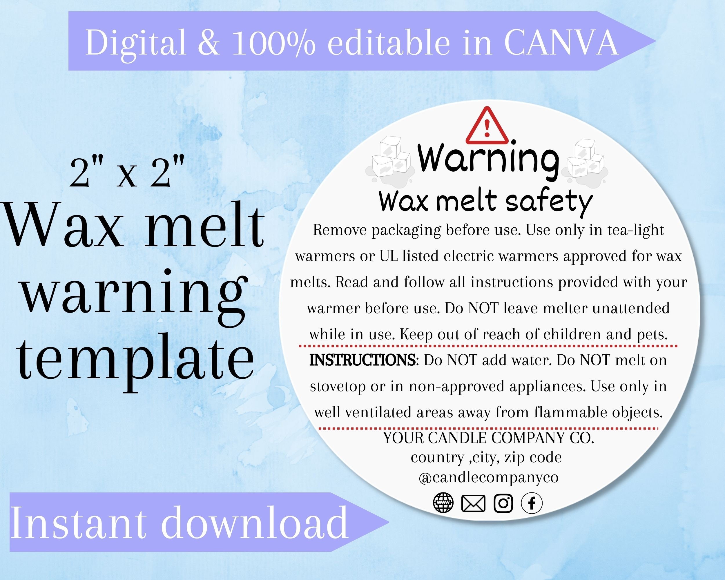 White Wax Melt Warning Label Template 02 – 413 Studio Design Co