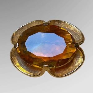 Vintage 1950s brooch heavy amber glass on brutalist etched gold plated metal excellent condition