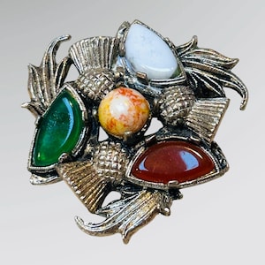 Vintage Miracle Styke Brooch Scottish Thistle Agate Cabichons