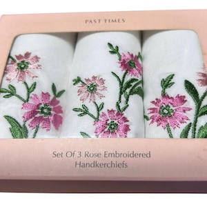Vintage Handkerchief set by Past Times New in box pink embroidered floral