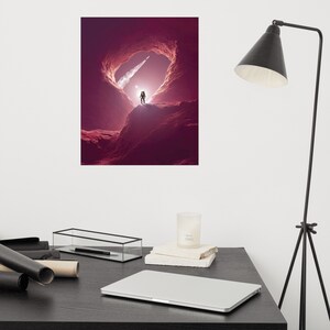 May include: An astronaut in a white spacesuit stands on a red, rocky surface, looking up at a rocket launching through a cave opening. The sky is a vibrant pink.