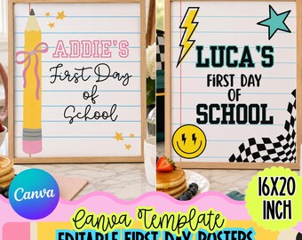 Bewerkbaar Canva-sjabloon voor een eerste schooldagbord, poster voor de eerste schooldag (16x20 inch), gepersonaliseerd bord voor de start van het schooljaar, schoolfoto-accessoire, op maat gemaakt