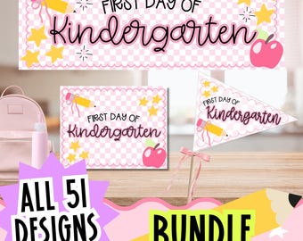 Pakket voor de eerste schooldag | Printbaar schoolbord | Walgreens-banner | Wimpelvlaggetje | Bord voor de eerste schooldag | Kleuterschool thuisonderwijs | Klasbord