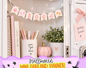 Halloween mini slinger, roze BOO vlaggetjes, 2,5 cm mini vlaggetjes, printbare speelse Halloween decoratie, desserttafel, koffiebar, feest