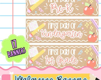 Banner-Set für den ersten Schultag | PNG-Banner | Kindergarten | Homeschooling | Walgreens-Banner | Druckvorlage für den Schulanfang | Banner für den ersten Schultag