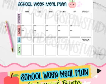Printbare maaltijdplanner voor de schoolweek | Weekplanning | Ontbijt-, lunch-, snack- en dinerplanner | Boodschappenlijst | Digitale download