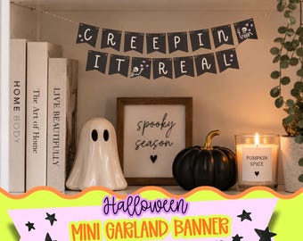 Printbare mini-bannerslinger voor Halloween | Vlaggetjesslinger | Vlaggetjes van 2,5 cm | Halloween-feestdecoratie | Speels skelet voor de Halloween-desserttafel