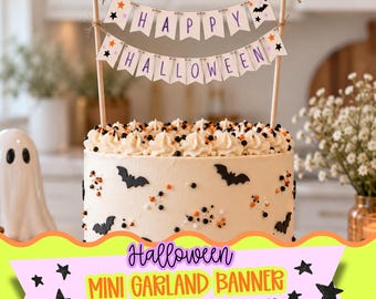 Printbare mini-banner en slinger met vrolijke Halloween-thema | Vlaggetjesbanner | Vlaggetjes van 2,5 cm | Halloween-feestdecoratie | Speelse Halloween-desserttafel