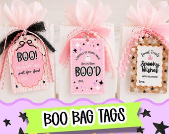 Printbare Halloween Boo-taslabels, roze Halloween-traktatietaslabels, Boo-mandlabels, traktatielabels voor in de klas, Halloween-labelset voor kinderen, Halloween-cadeau