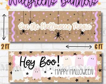 Halloween bannerpakket van Walgreens, roze Halloween banner van 6x2 meter, Halloween feestdecoratie, schattige spookbanner, printbare Halloween PNG download